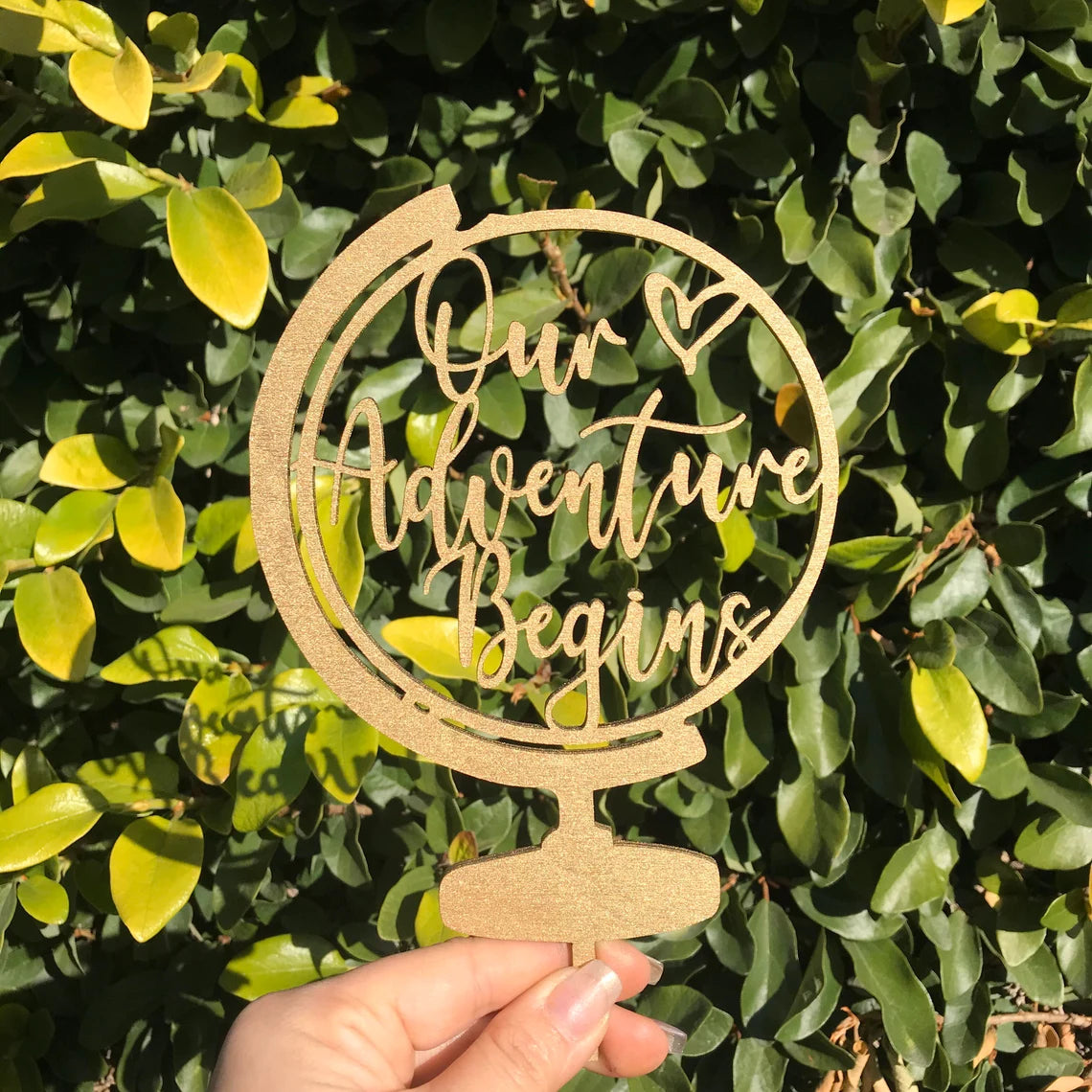 World Traveler Our Adventure Begins Wedding Cake Topper | Destination Wedding | Unique Wedding Topper | Travel Wedding Cake Topper | Wood