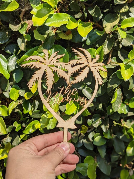 Custom Last Name Palm Tree Tropical Island Hawaii Wedding Natural Wood Cake Topper Option