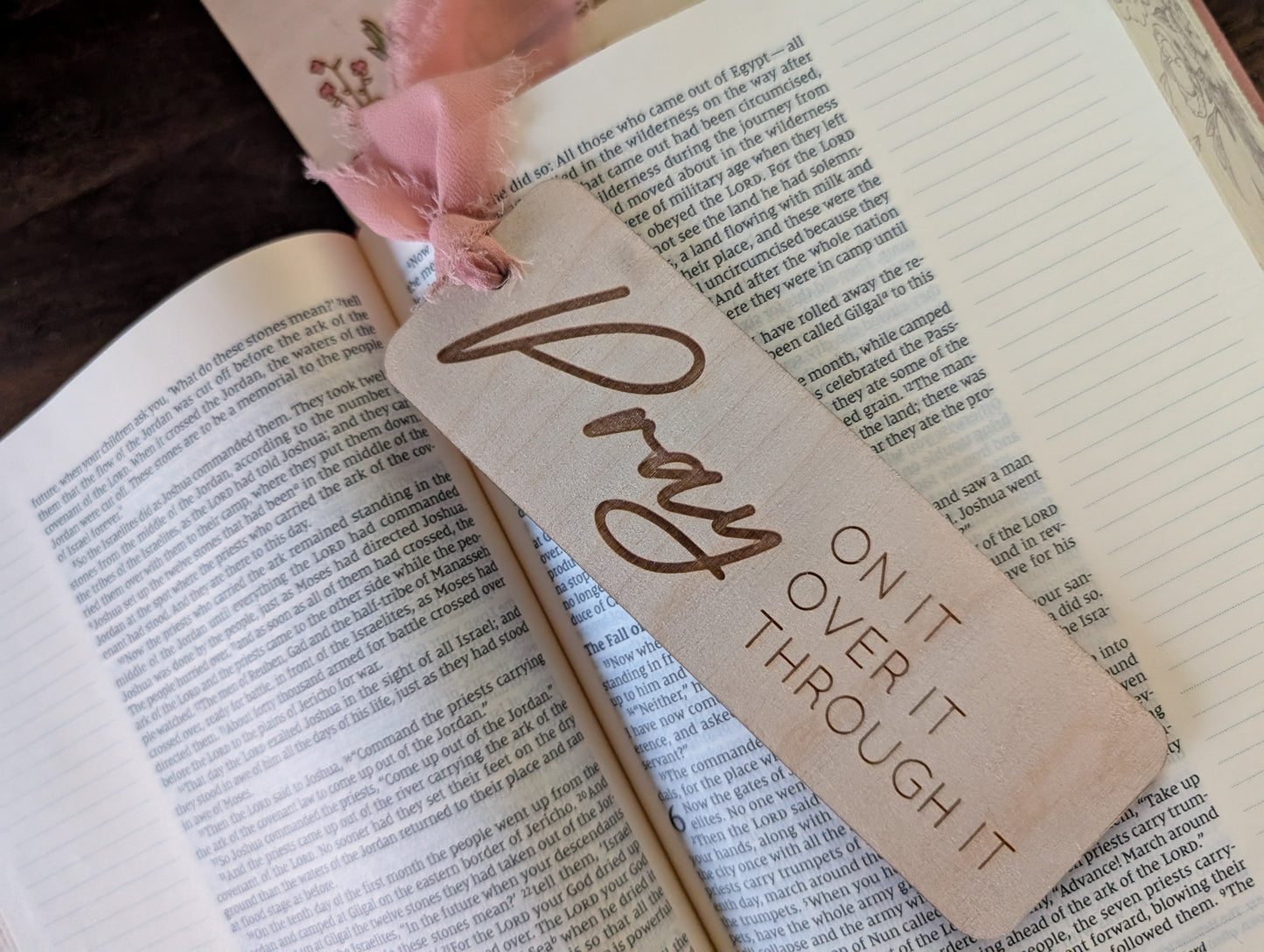 Pray On It, Over It, Through It – Engraved Wooden Bookmark