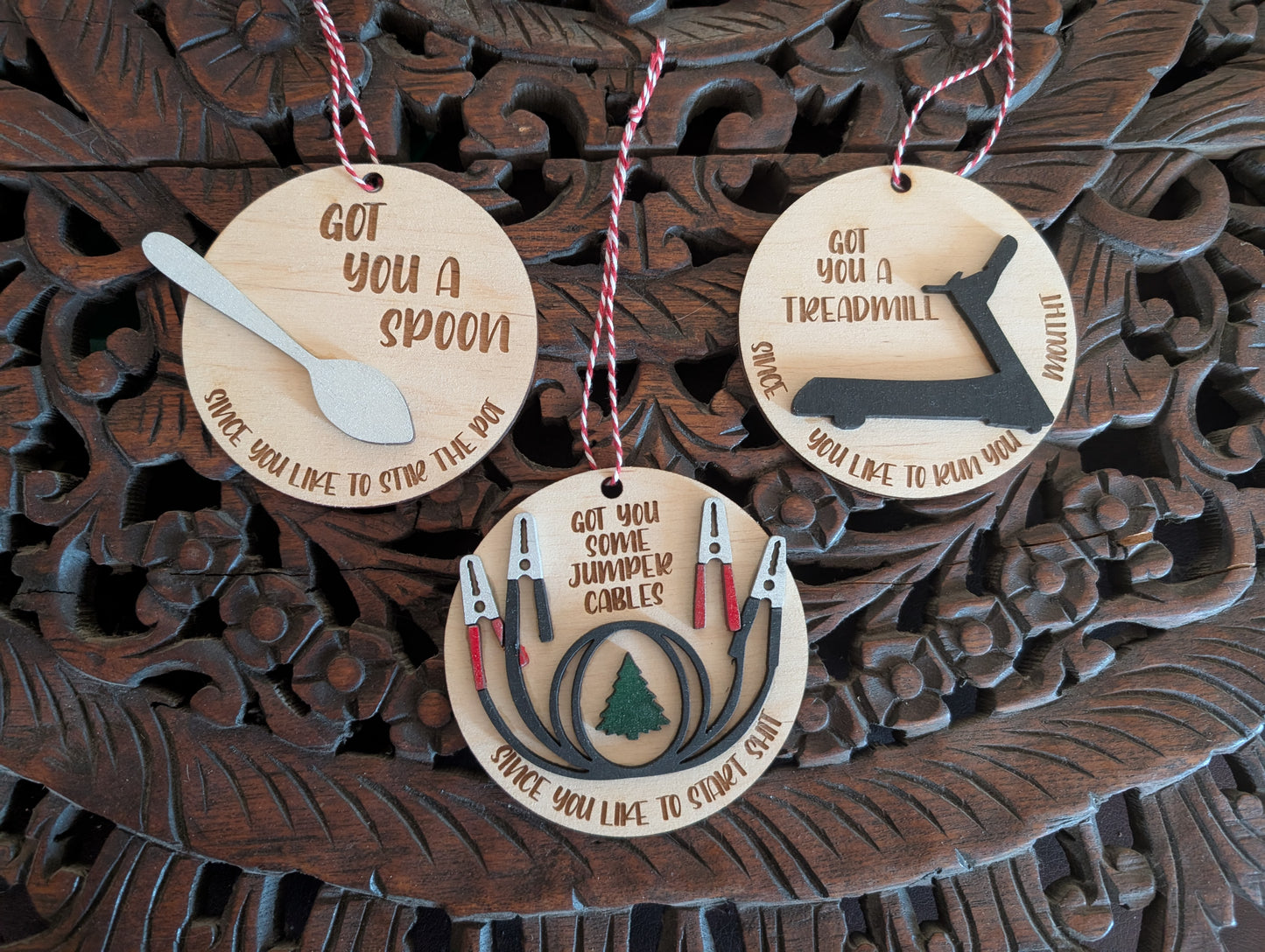 Funny Laser-Cut Ornaments – Spoon, Treadmill & Jumper Cables