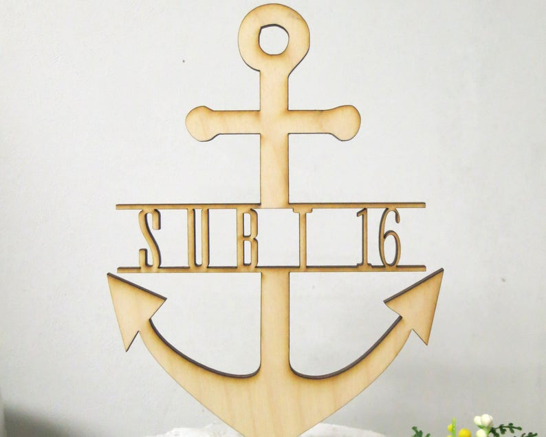 PERSONALIZED Custom Grooms Cake or Birthday or Wedding Wood Anchor Cake Topper with Name or Last Name