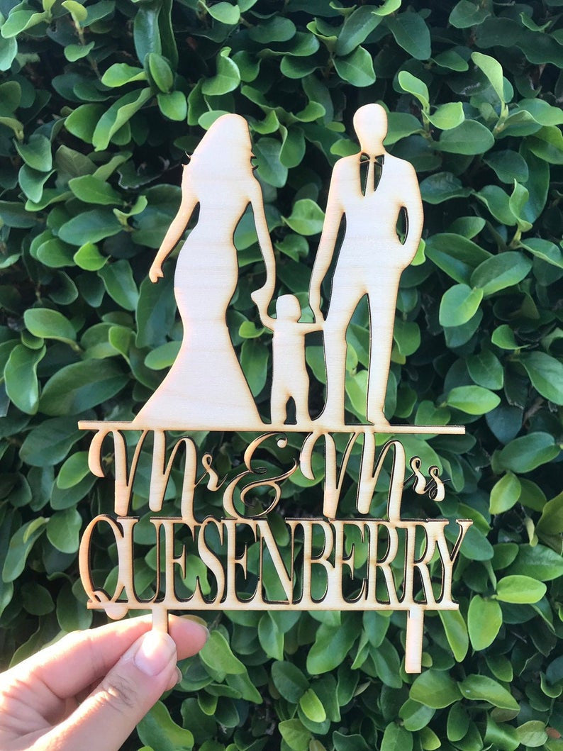 PERSONALIZED Wedding Cake Topper with Bride Groom and Son Boy Custom Rustic Couple and Kid Cake Topper Personalized