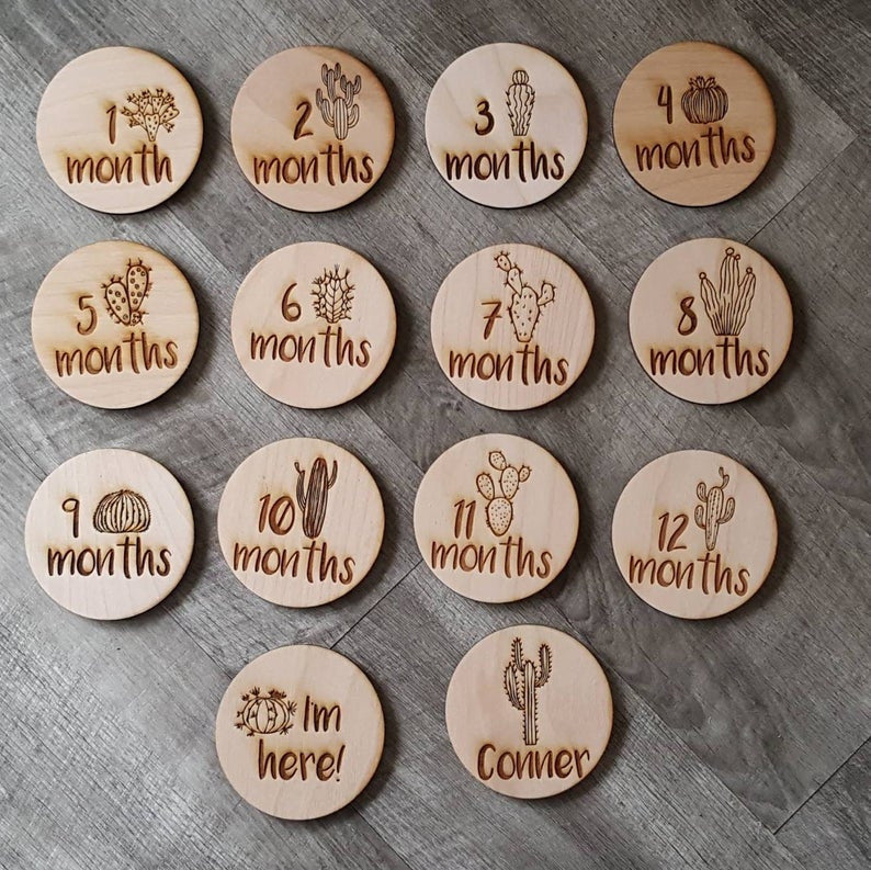PERSONALIZED Cactus Plant Monthly Milestone Set with Name and I'm here! plaque Cactus Lover Themed Baby Laser Cut Wood Photo Prop Sign