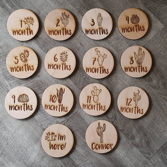 PERSONALIZED Cactus Plant Monthly Milestone Set with Name and I'm here! plaque Cactus Lover Themed Baby Laser Cut Wood Photo Prop Sign