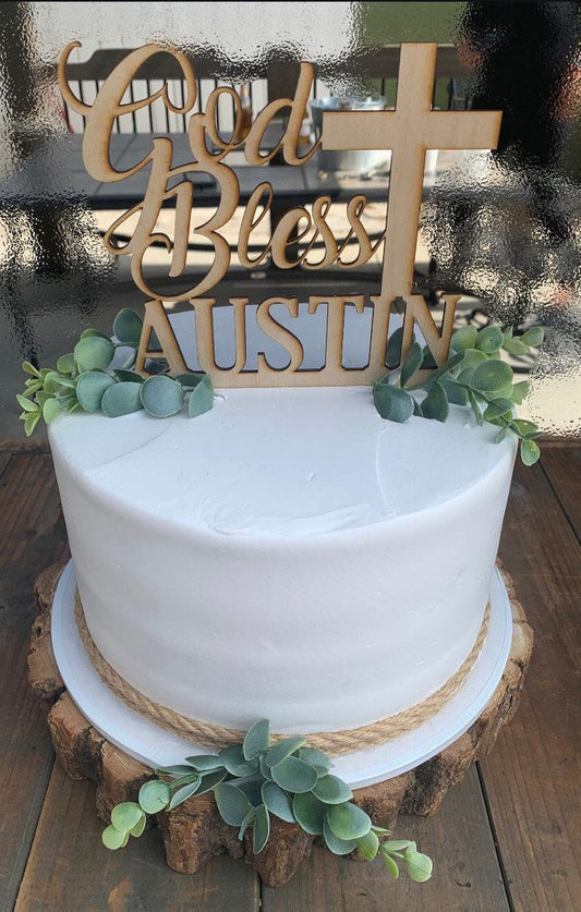 Personalized God Bless Baptism Name with Cross Cake Topper