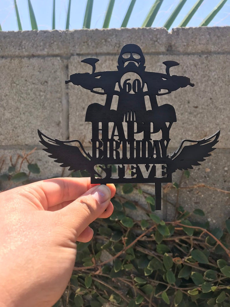 Custom Personalized Happy Birthday Name and Age Motorbike Motorcycle Bike Club Rider Biker Custom Name Natural Wood Cake Topper