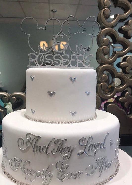 Custom Personalized Mr and Mrs Mickey and Minnie Mouse Disney Inspired Name Wedding Natural Wood Cake  Topper