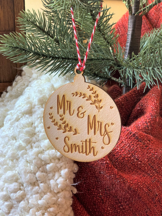 Personalized Christmas Ornament Newlyweds Bridal Shower Wedding Mr. and Mrs. Wood Mr & Mrs Keepsake