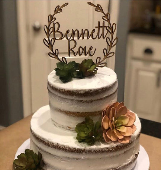 Custom Personalized Name Wood Wreath Cake Topper Winter Woodland Rustic Themed Wedding Baby Shower Birthday Bridal Celebration Pie Topper