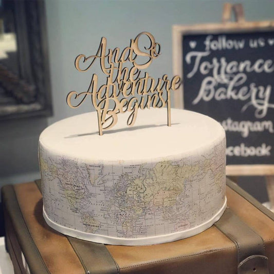 And So the Adventure Begins Wedding or Birthday Or Baby Shower Custom Natural Wood Cake Topper