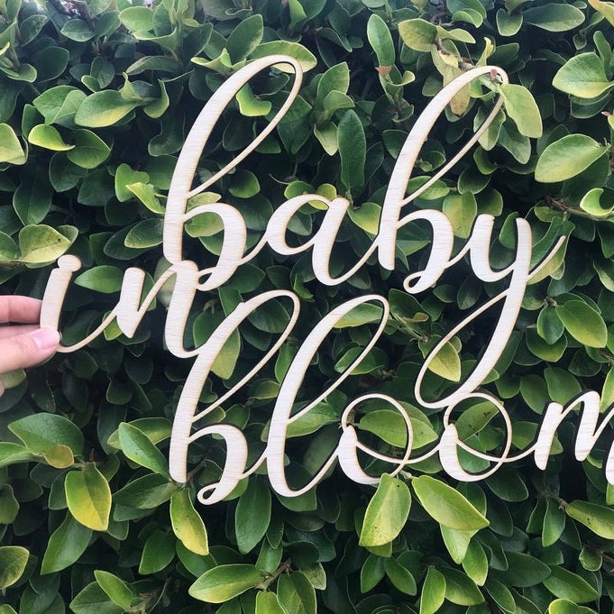 Custom Wooden Words Cursive Natural Wood Sign 'Baby In Bloom' Sign Love Board Dessert Table Baby Wedding Bridal Shower Birthday Home Decor