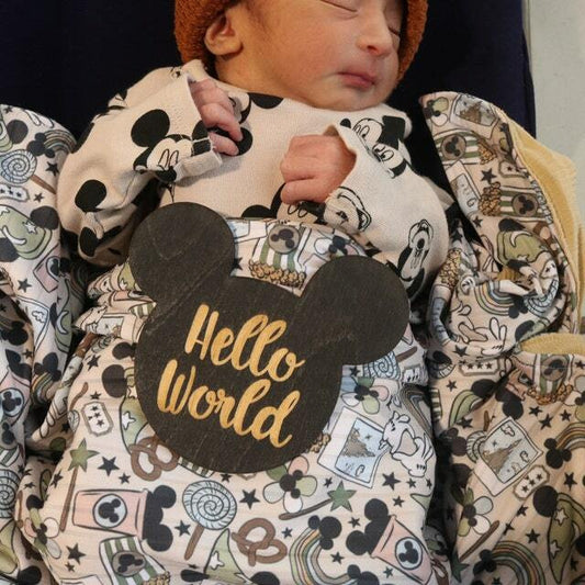 Hello World Mickey Mouse Ears Hospital Baby Announcement 1