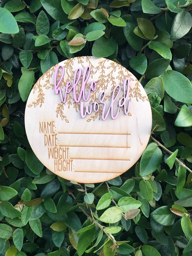 Custom Hospital Welcome 3D Hello World Name Date Weight Height Announcement Plaque Laser Cut Wood Photo Prop Sign Design Trendy