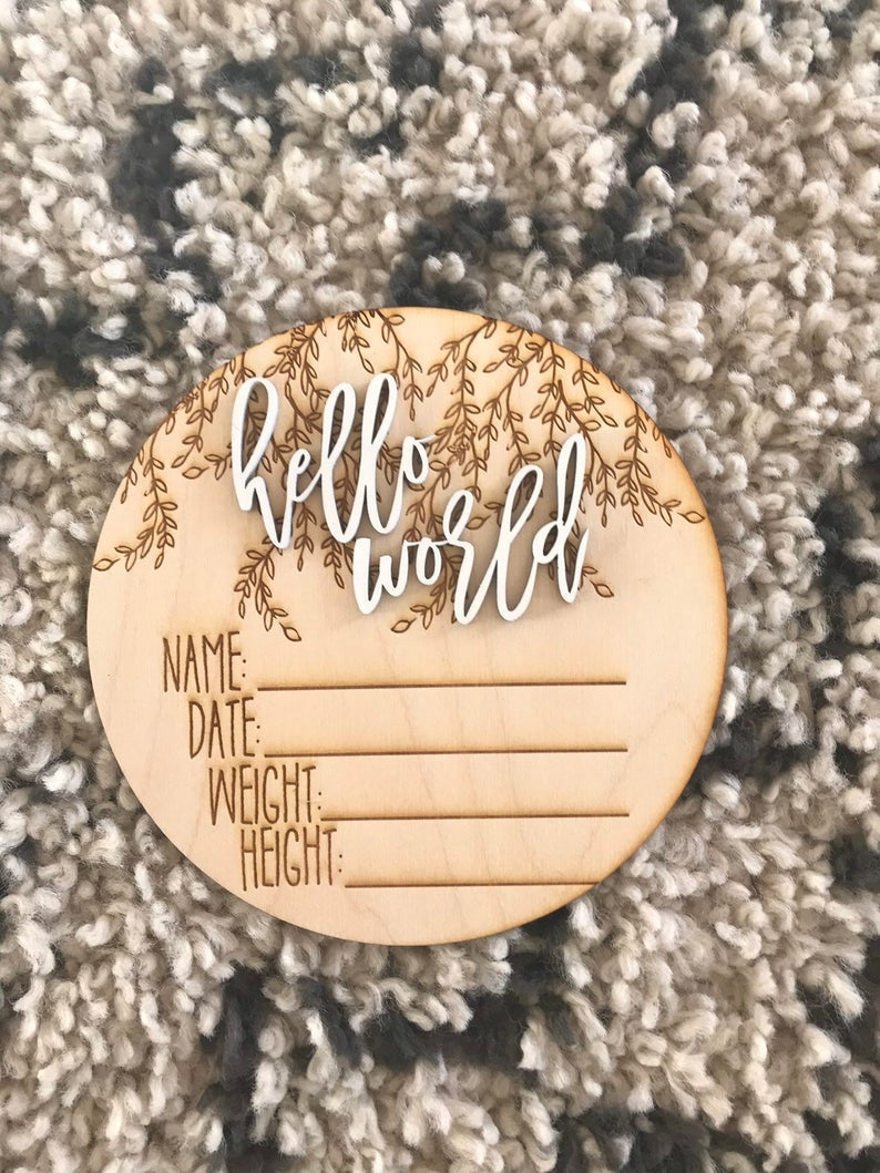 Custom Hospital Welcome 3D Hello World Name Date Weight Height Announcement Plaque Laser Cut Wood Photo Prop Sign Design Trendy