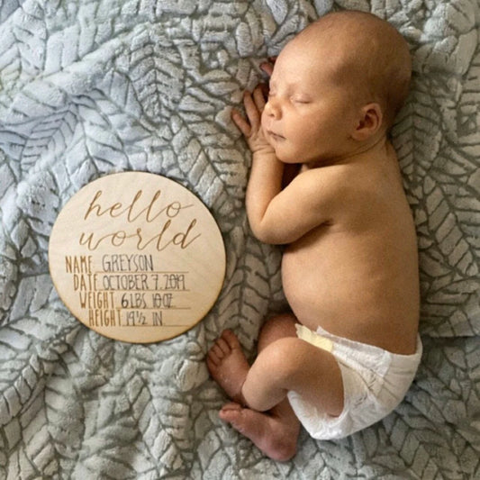 Hello World Birth Name Date Height Weight Announcement Sign Newborn Photo Props New Baby Gift Nursery Baby Shower Announcement