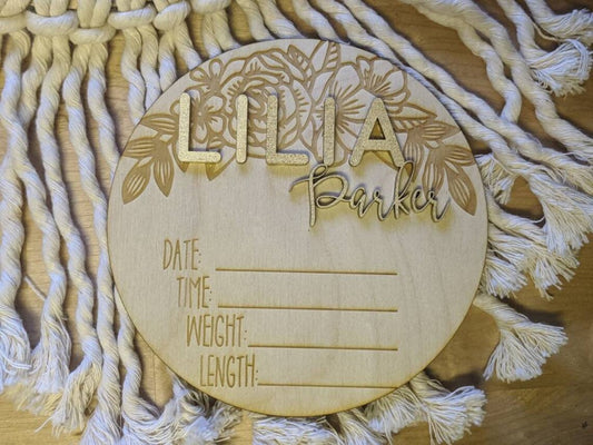 Floral Welcome 3D Hello Name Date Time Weight Length Personalized Announcement Plaque Laser Wood Photo Prop Hospital Sign Design Trendy