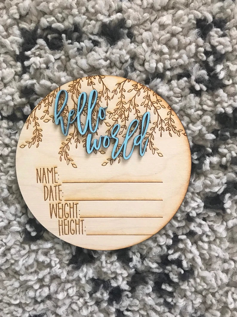 Hello World 3D Hospital Welcome Birth Announcement Details Wood Plaque Photo Prop Sign