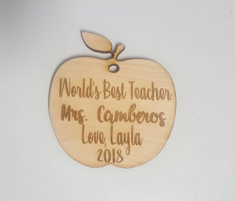 Personalized teacher apple Christmas ornament, a handmade wood gift for teachers