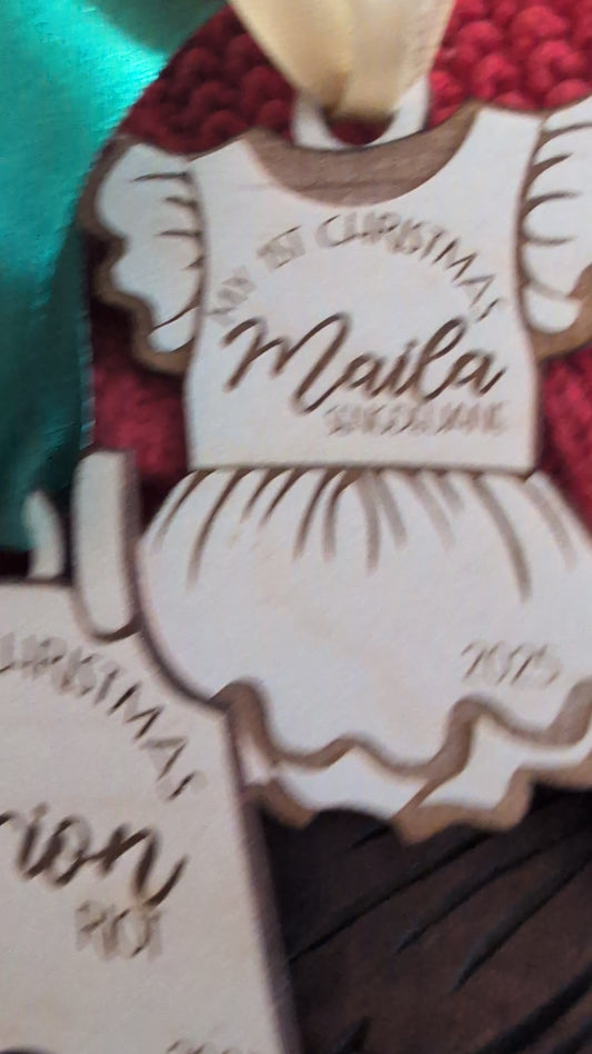 Personalized Baby’s First Christmas Ornament 2025 – Custom Name Wood Dress or Overalls Keepsake