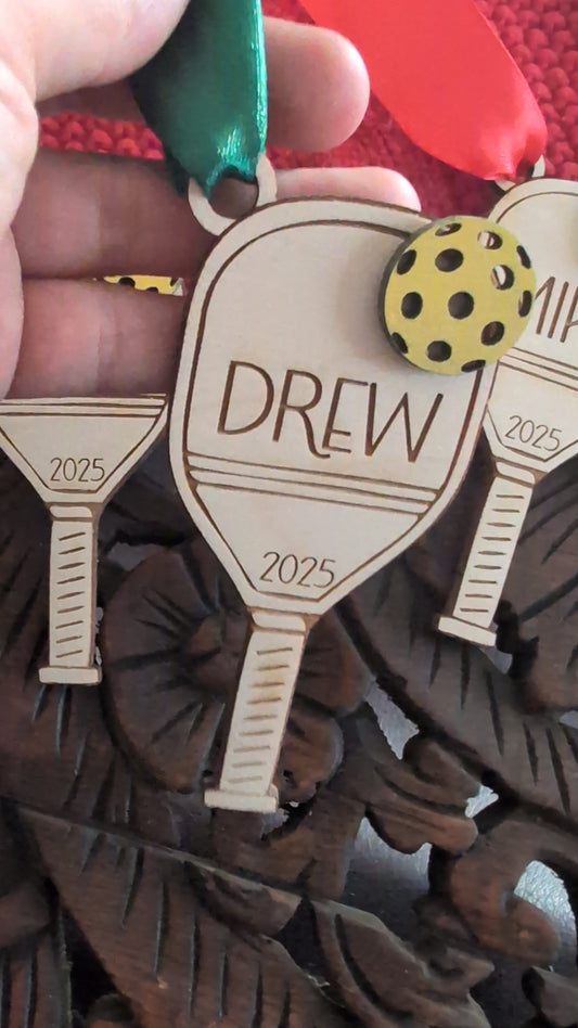 Personalized Pickleball Paddle Ornament – Custom Name & Year Wood Gift