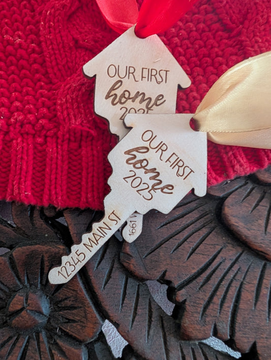 Our First Home Ornament 2025 – Personalized Key Ornament with Custom Address