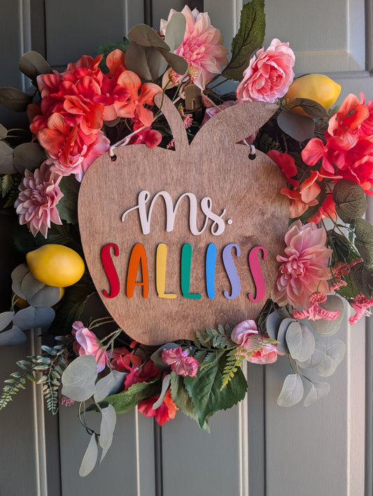 Personalized Teacher Apple Sign | Custom Classroom Door Hanger | 3D Wood Teacher Name Sign