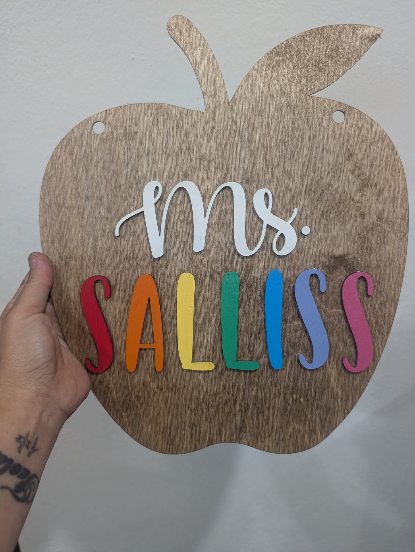 Personalized Teacher Apple Sign | Custom Classroom Door Hanger | 3D Wood Teacher Name Sign