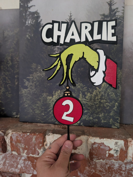 Personalized Green Christmas Birthday Cake Topper | Custom Christmas Birthday Party Decor | Grinch Inspired Name & Age Centerpiece