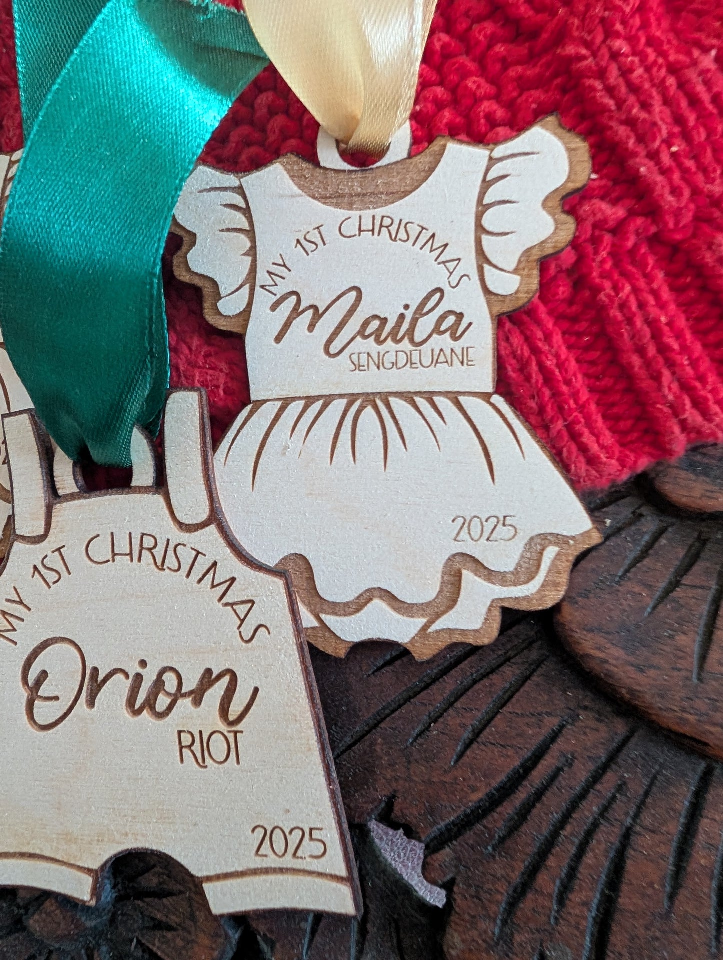 Personalized Baby’s First Christmas Ornament 2025 – Custom Name Wood Dress or Overalls Keepsake