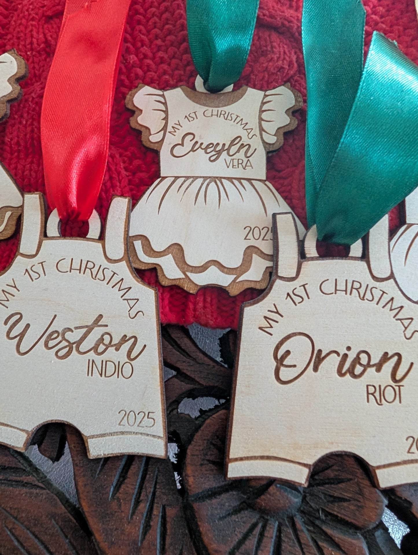 Personalized Baby’s First Christmas Ornament 2025 – Custom Name Wood Dress or Overalls Keepsake
