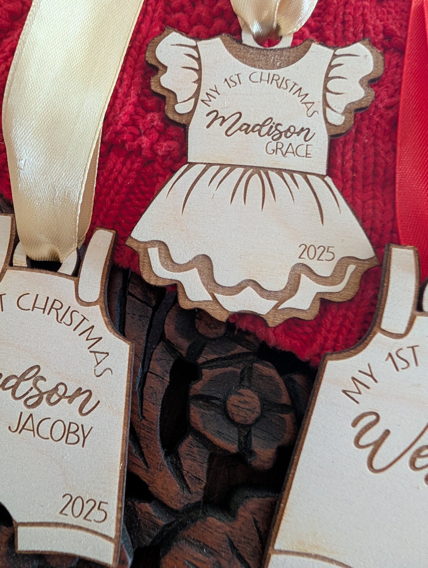 Personalized Baby’s First Christmas Ornament 2025 – Custom Name Wood Dress or Overalls Keepsake