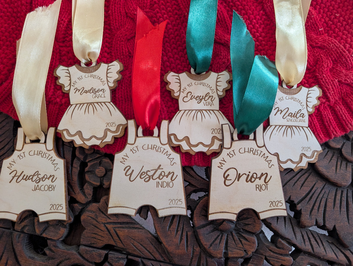 Personalized Baby’s First Christmas Ornament 2025 – Custom Name Wood Dress or Overalls Keepsake