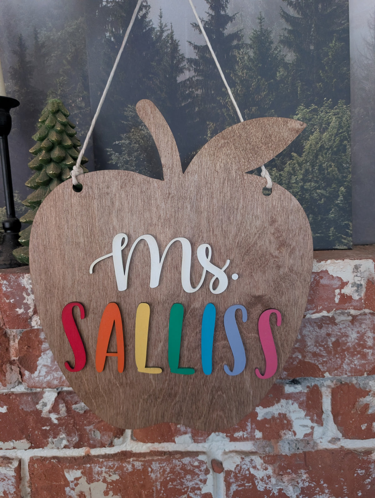 Personalized Teacher Apple Sign | Custom Classroom Door Hanger | 3D Wood Teacher Name Sign
