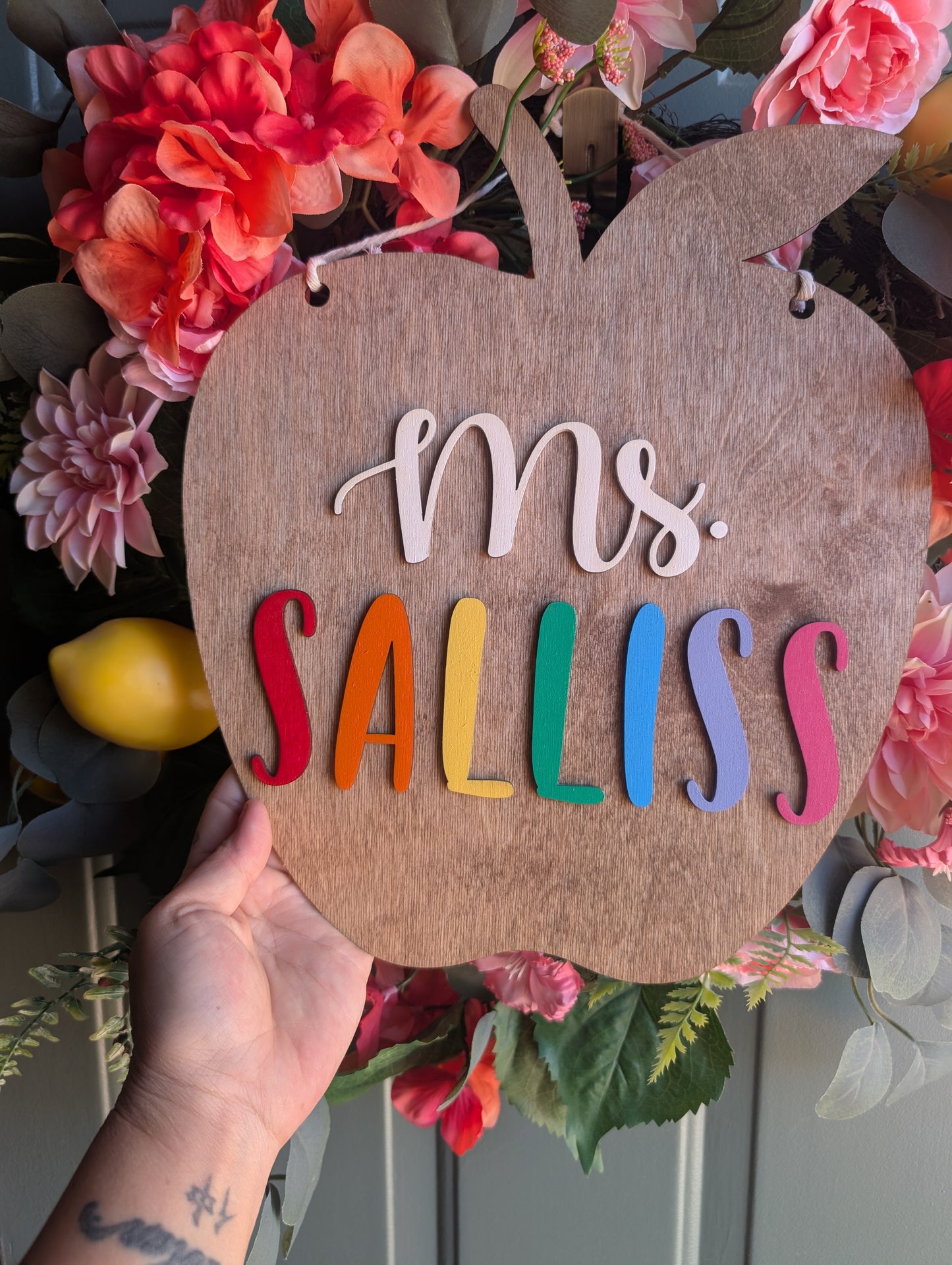 Personalized Teacher Apple Sign | Custom Classroom Door Hanger | 3D Wood Teacher Name Sign