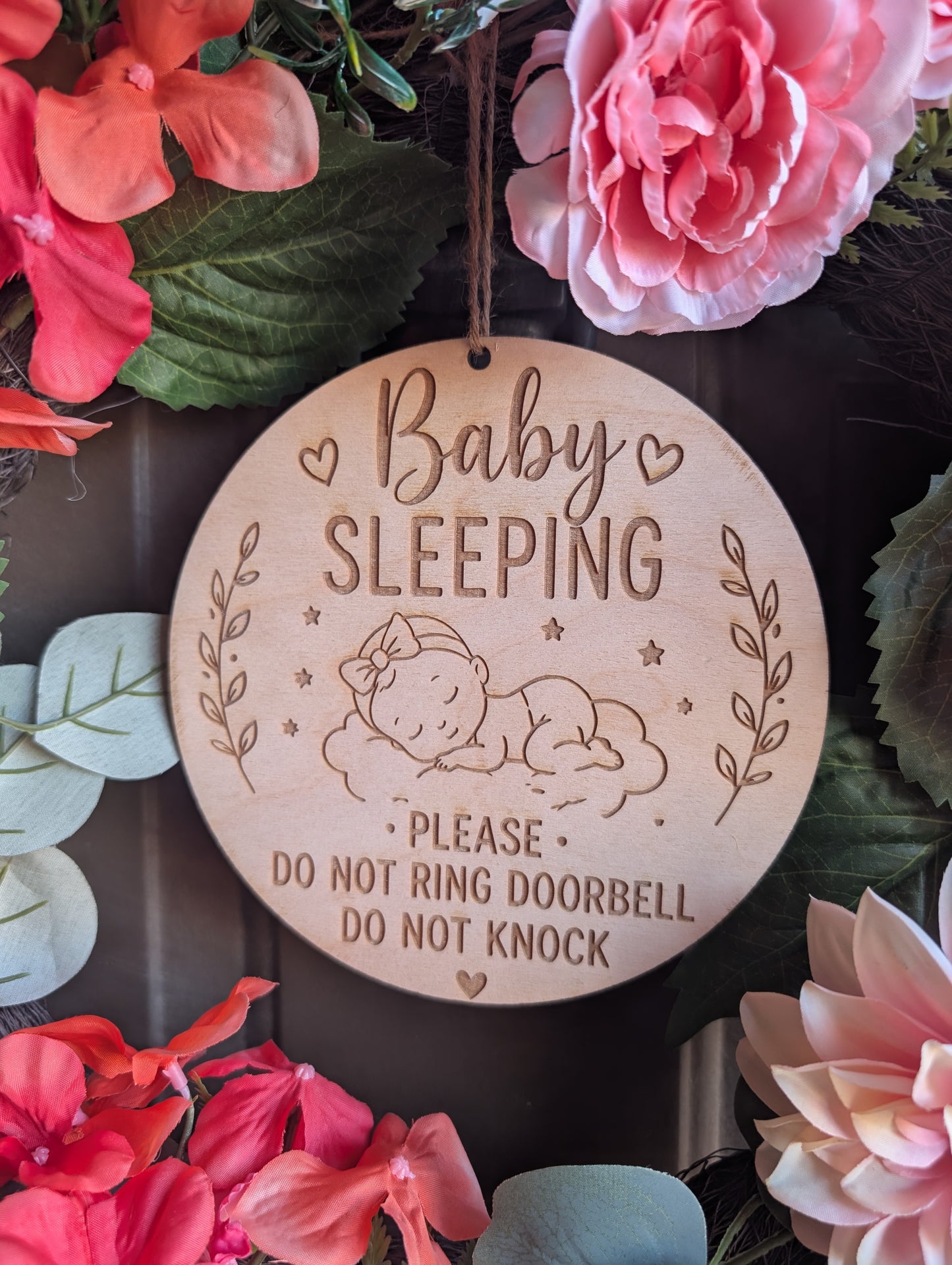 Baby Sleeping Door Sign – Do Not Ring Doorbell or Knock Engraved Wood Hanger