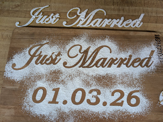 Just Married Cake Stencil – Acrylic Stencil for Wedding Cakes (3″ or 3.5″ Script + 1.5″ Date)