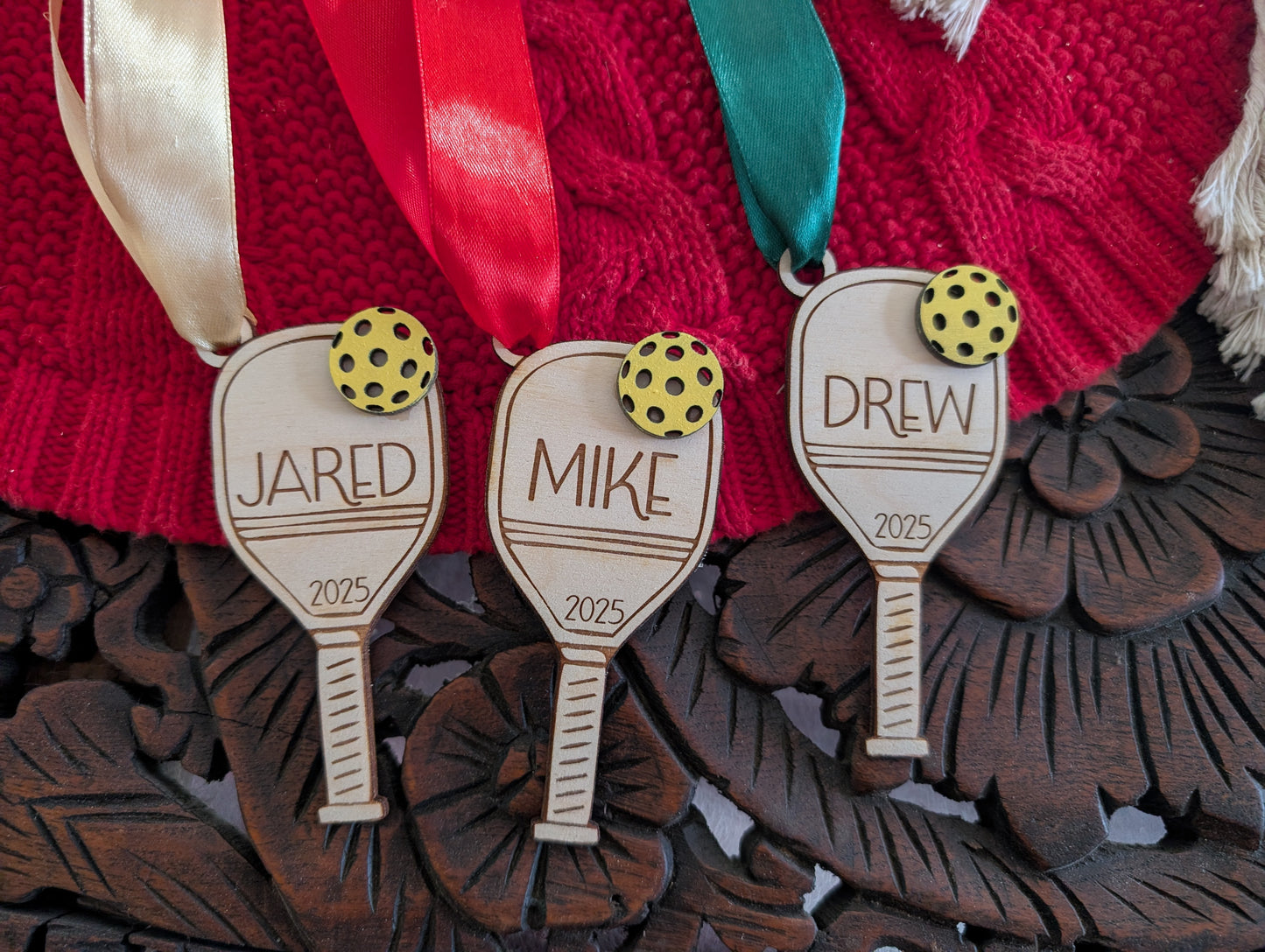Personalized Pickleball Paddle Ornament – Custom Name & Year Wood Gift
