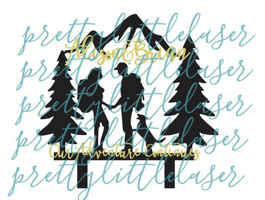 Custom Mr and Mrs 2 Layer Great Outdoors Hiking Adventure Wedding Grooms Bride Natural Raw Wood Adventure Couple Cake Topper - Personalized with Names