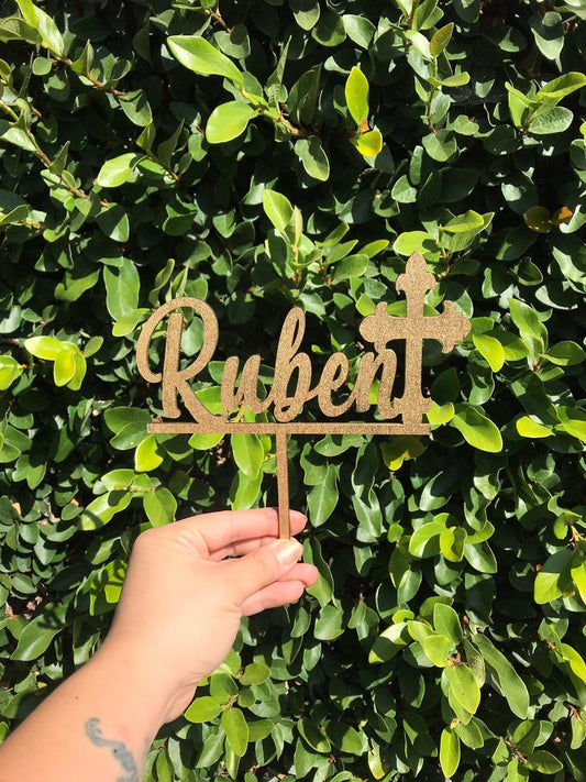 Custom Personalized Christening Name with Cross Natural Wood Cake Topper